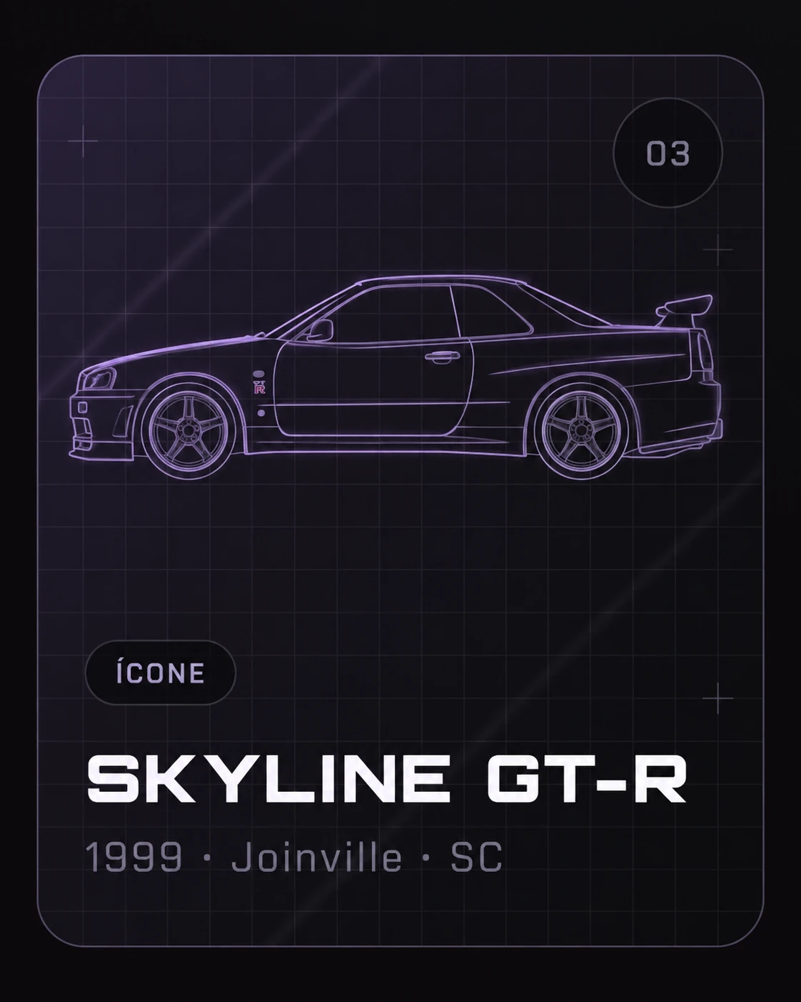 Ficha ilustrativa ficcional do Skyline GT-R, 1999, Joinville · SC, categoria Ícone